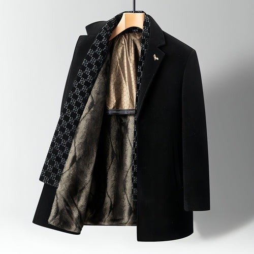 Manteau noir laine & velours de vison, façade ouverte, doublure dorée et fourrure grise