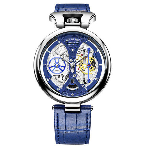 Montre-bracelet boîtier argenté, cadran squelette bleu, bracelet cuir bleu.