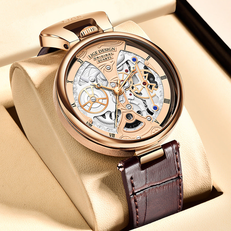 Montre-bracelet homme/femme boîtier rosé, cadran squelette, bracelet cuir brun.