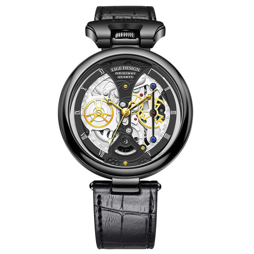 Montre-bracelet boîtier noir, cadran squelette gris, bracelet cuir noir.