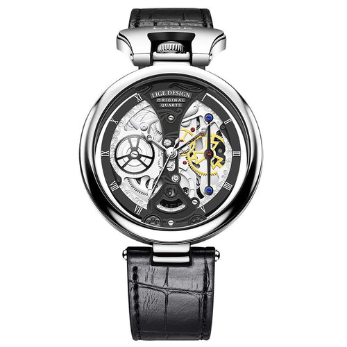 Montre-bracelet boîtier argenté, cadran squelette noir et or, bracelet cuir noir.