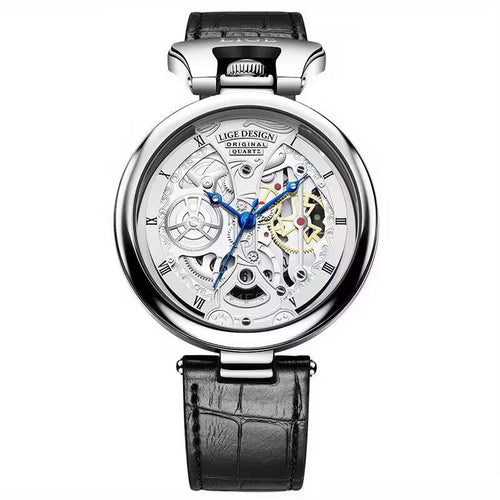 Montre-bracelet boîtier argenté, cadran squelette bleu, bracelet cuir noir.