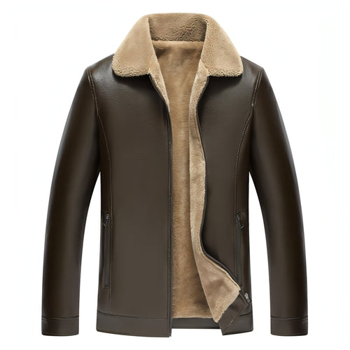 Veste en cuir marron foncé, doublure polaire beige, col polo, poches zippées