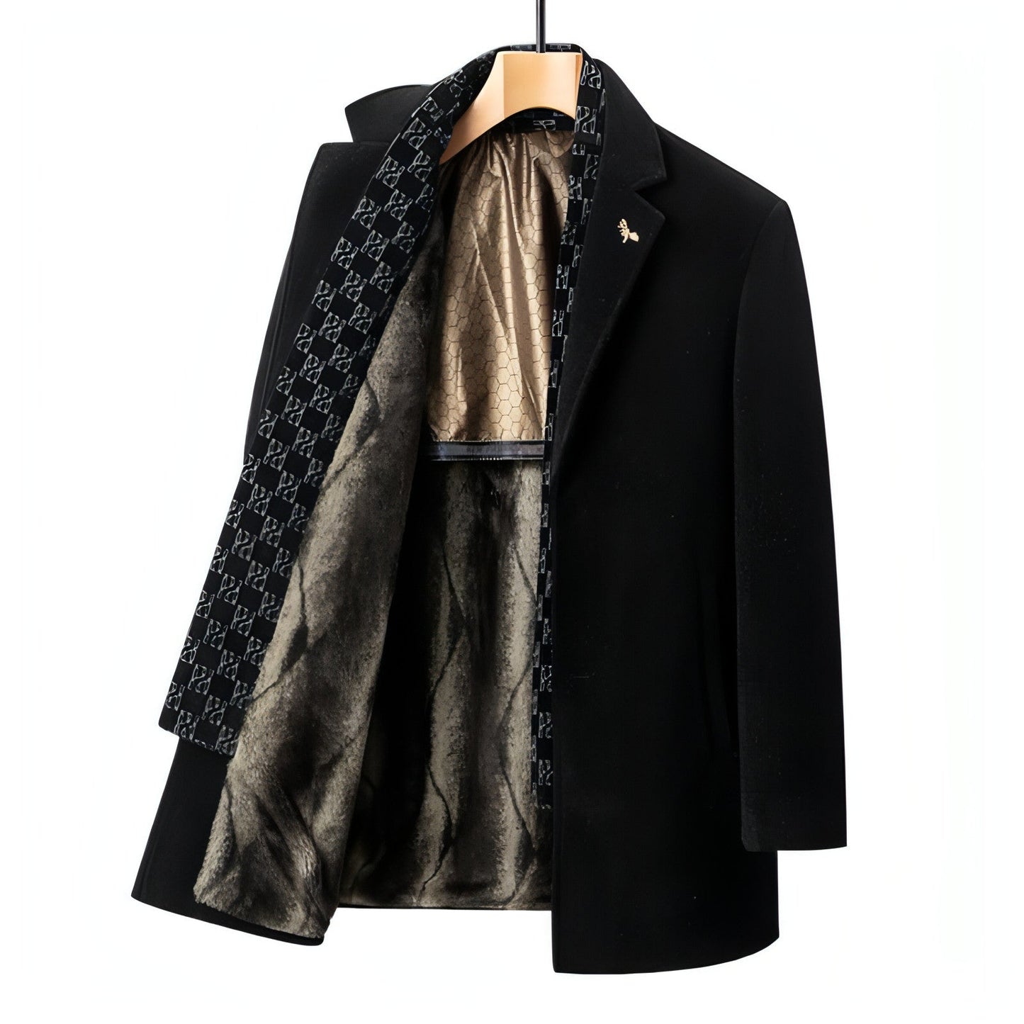 Manteau noir laine & velours de vison, revers ouverts sur doublure dorée et fourrure