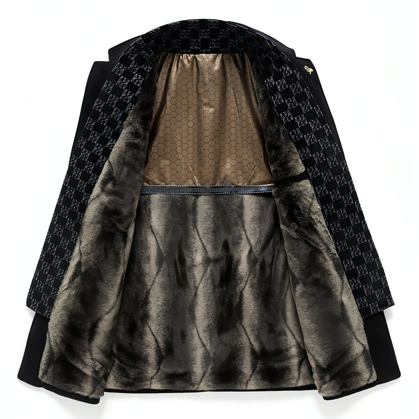 Manteau noir, intérieur doublé vison gris et doublure dorée, motif jacquard