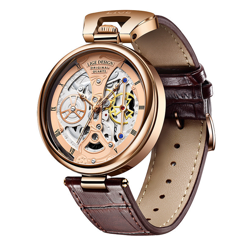 Montre-bracelet boîtier doré rosé, cadran squelette, bracelet cuir brun foncé, vue 3/4.