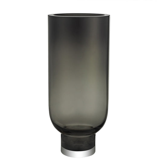 Vase cylindre en verre foncé fumé, base métal, hauteur 28 cm
