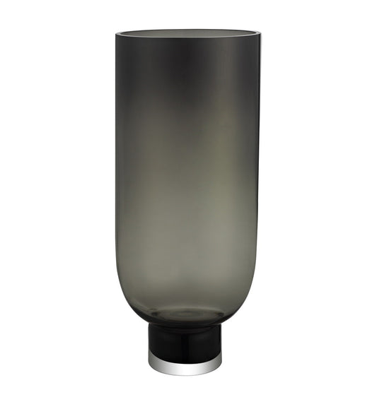 Vase cylindre en verre anthracite fumé, silhouette haute.