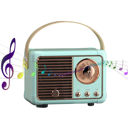 Radio rétro Bluetooth bleu clair avec poignée, grille et cadran circulaire