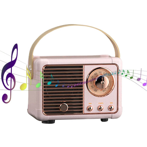 Radio rétro Bluetooth rose pâle, poignée arrondie, grille et cadran circulaire