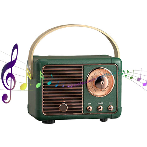 Radio rétro Bluetooth vert foncé avec poignée, grille et cadran circulaire