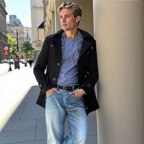 Manteau mi-long homme noir, col superposé, fermeture boutonnée, poches latérales
