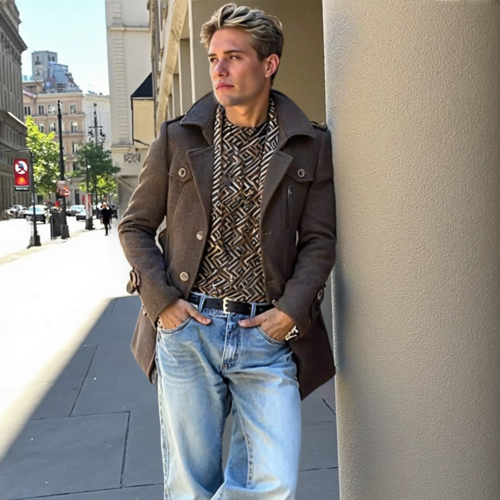 Manteau mi-long homme marron, col superposé, fermeture boutonnée, poignets et poches
