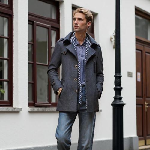 Manteau mi-long homme gris anthracite, col superposé, boutonnage, poches latérales