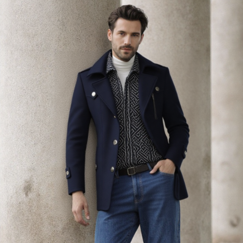 Manteau mi-long homme bleu marine, col superposé, fermeture boutonnée, poches sur côtés