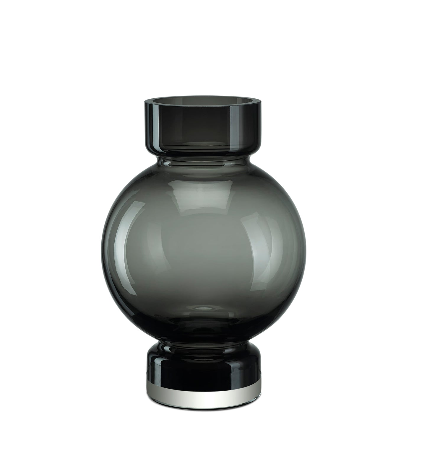 Vase boule moderne en verre épais fumé, col court et base métallique
