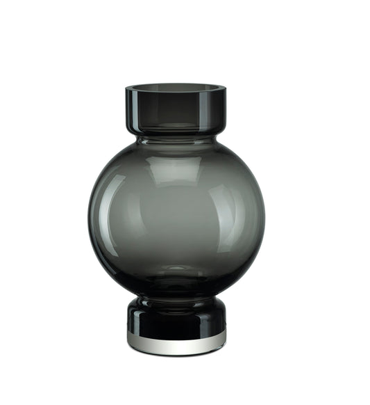 Vase boule moderne en verre épais fumé, col court et base métallique