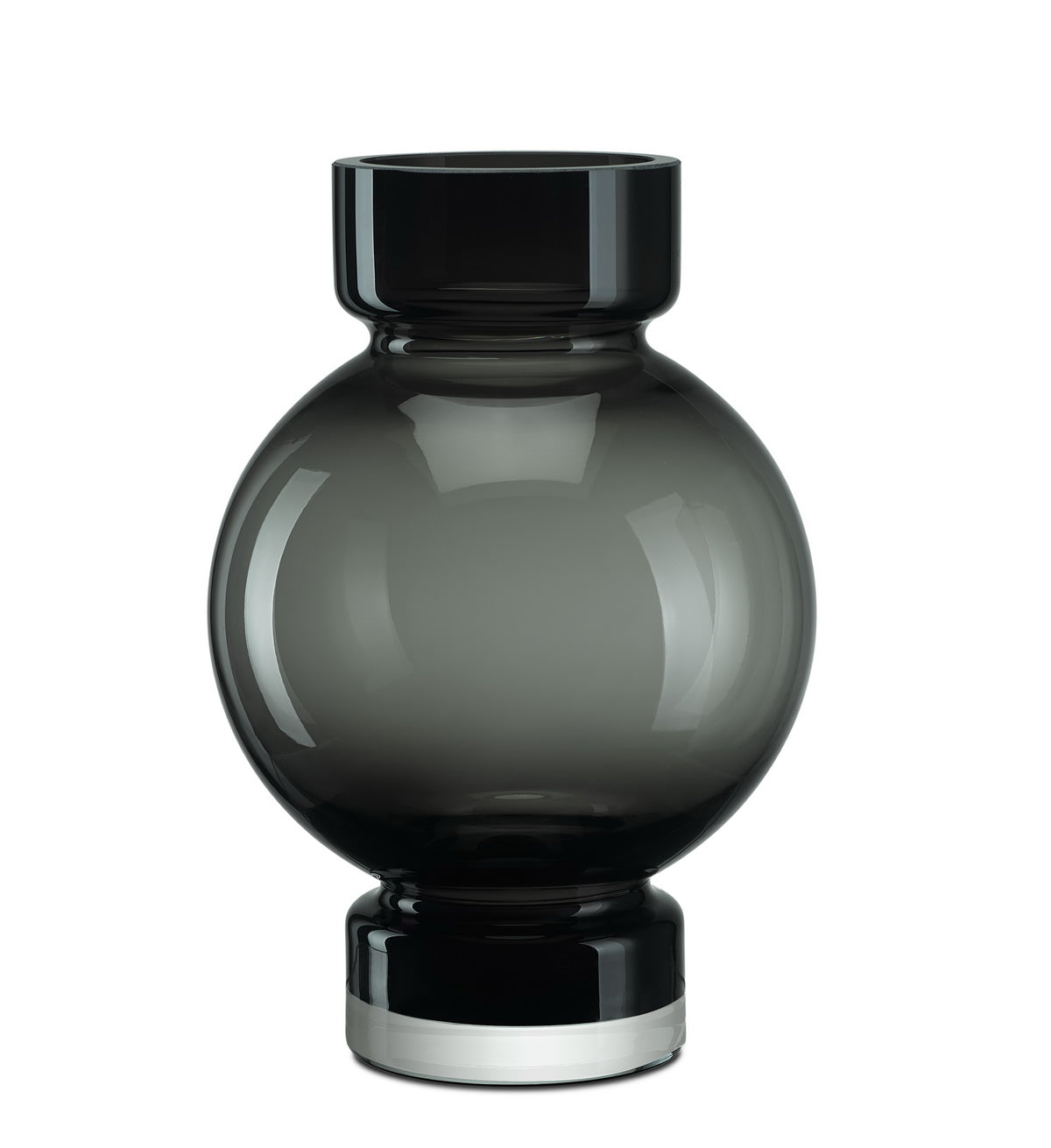 Vase boule moderne en verre épais gris-vert foncé, ouverture noire, base plate