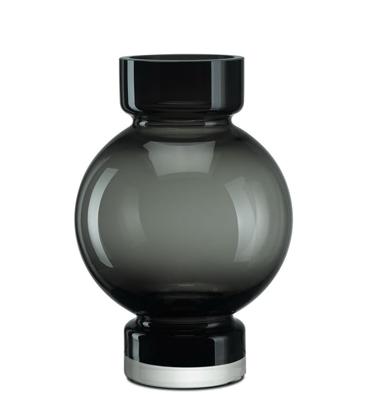 Vase boule moderne en verre épais gris-vert foncé, ouverture noire, base plate