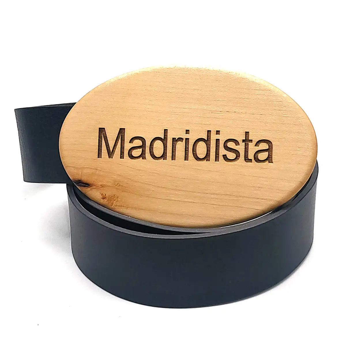 Boucle de ceinture ovale en bois clair gravée « Madridista » avec lanière noire