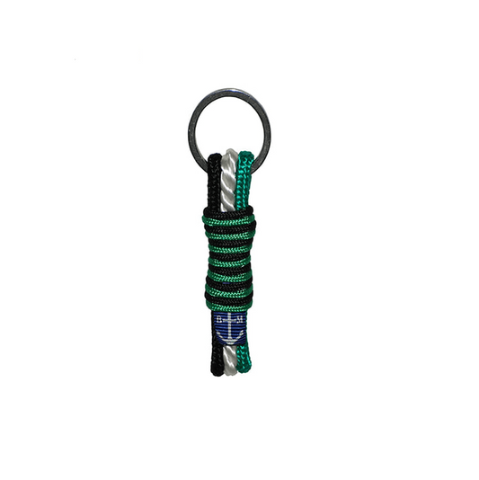 Porte-clés tressé vert et noir avec anneau et embout argenté
