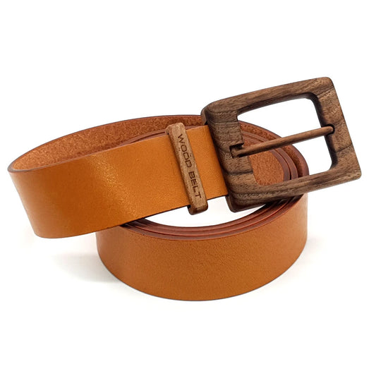 Ceinture en cuir caramel avec boucle carrée en bois et ardillon métallique