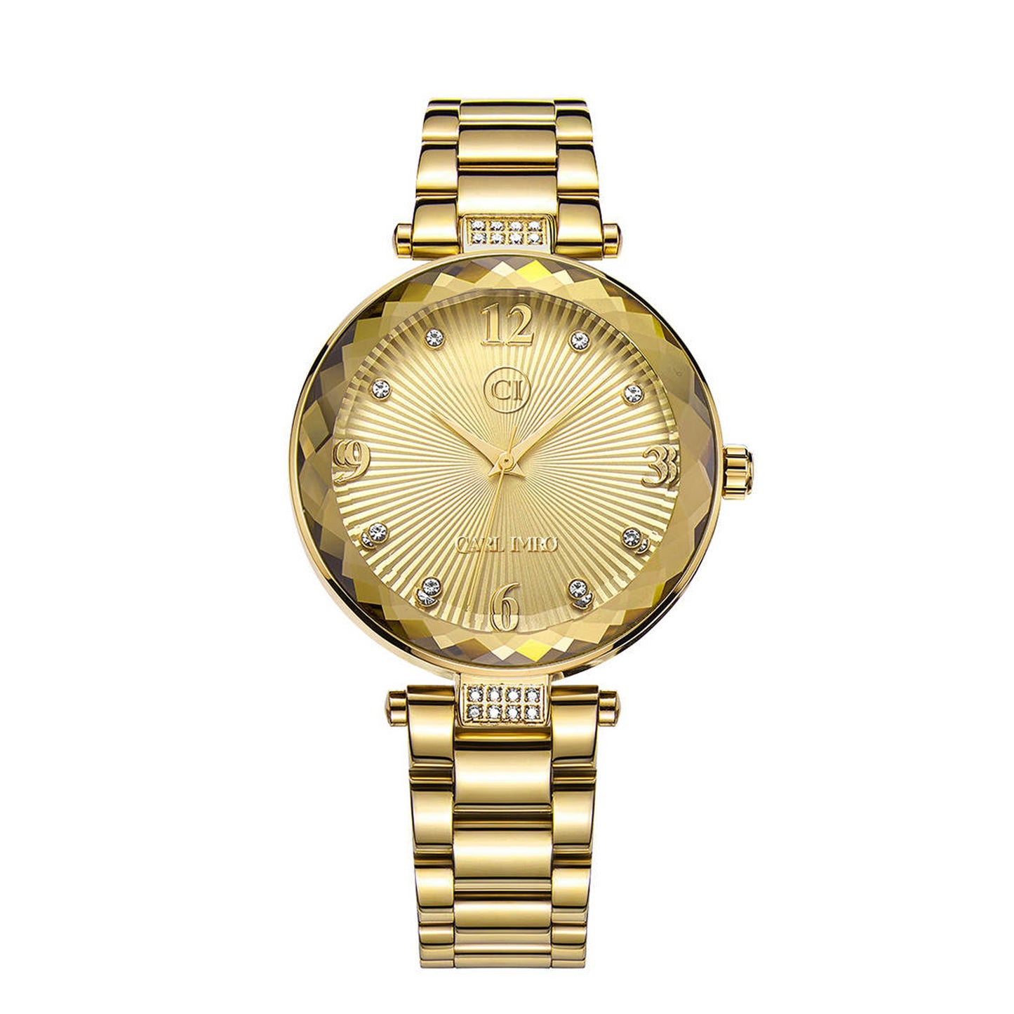 Montre femme plaquée or, cadran ivoire, bracelet maillons, chiffres arabes, strass sur la lunette
