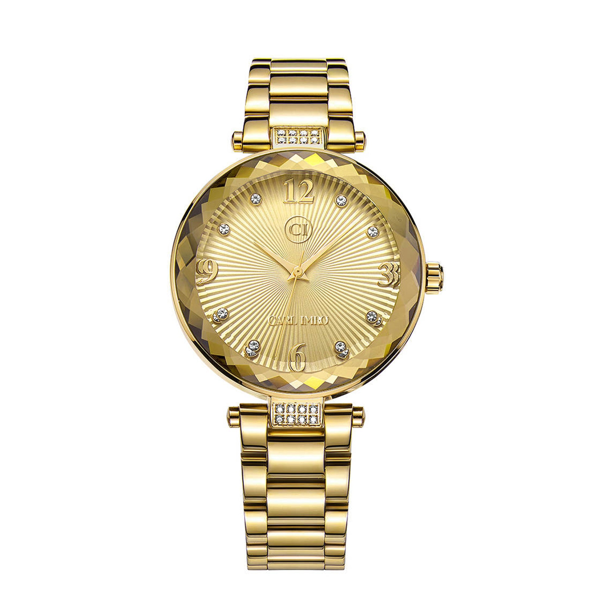 Montre femme plaquée or, cadran ivoire, bracelet maillons, chiffres arabes, strass sur la lunette