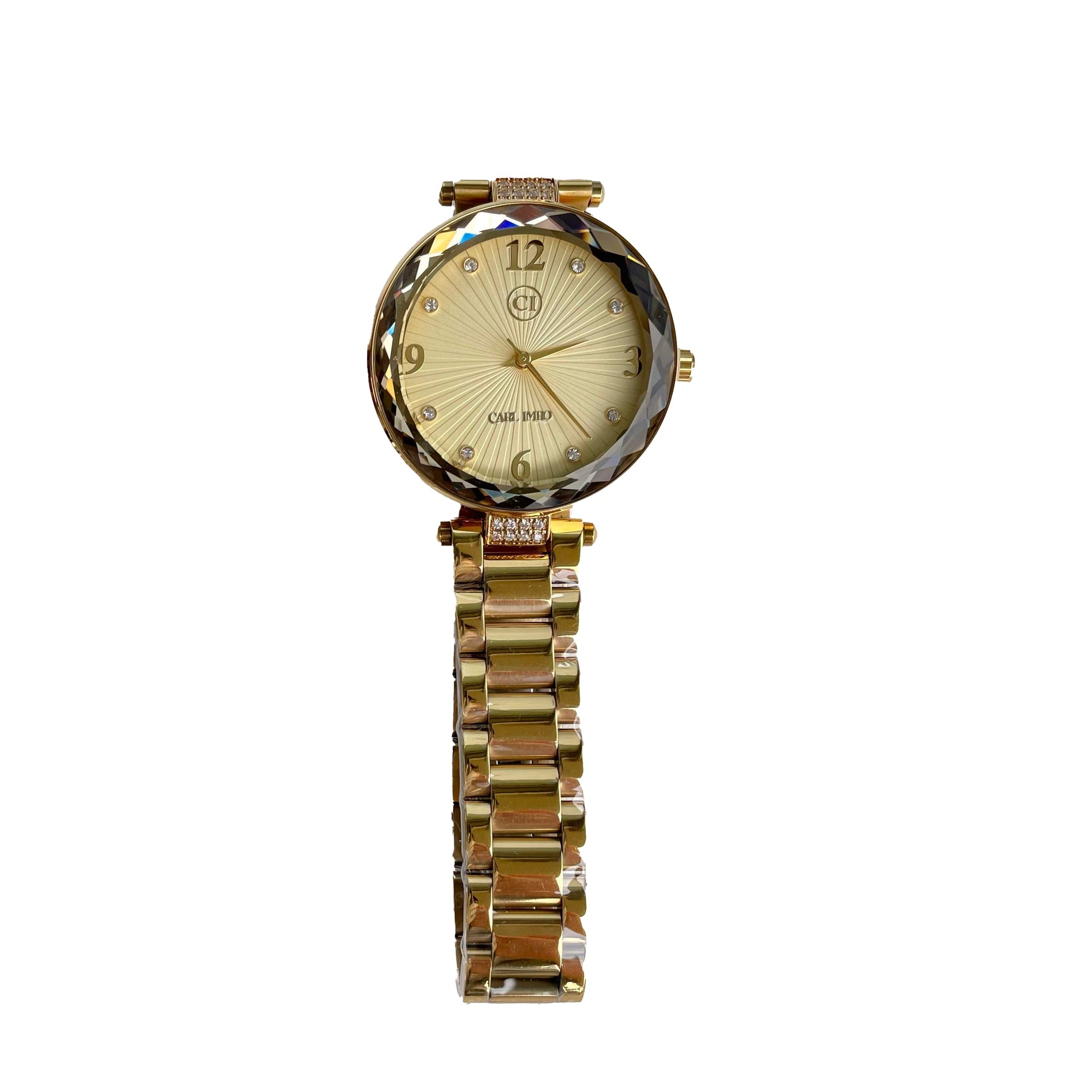 Montre femme à bracelet doré, cadran ivoire, chiffres arabes et aiguilles dorées.