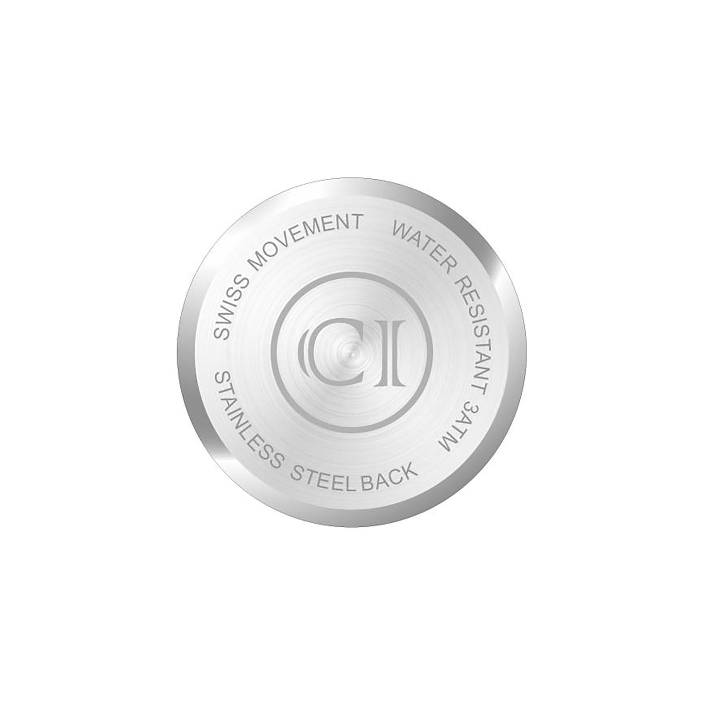 Fond de montre homme en acier inox gravé: Swiss Movement, Water Resistant, stainless steel back.