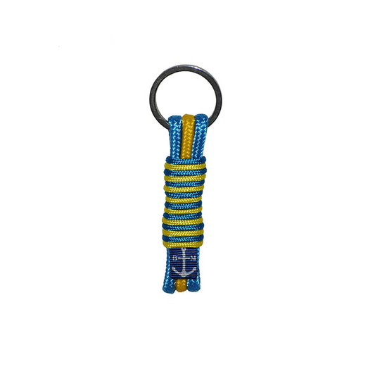 Porte-clés en corde tressée bleu et jaune avec anneau métallique noir