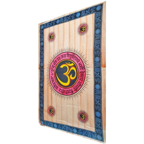 Tapisserie murale en coton beige, symbole Om central avec motifs bleus aux coins