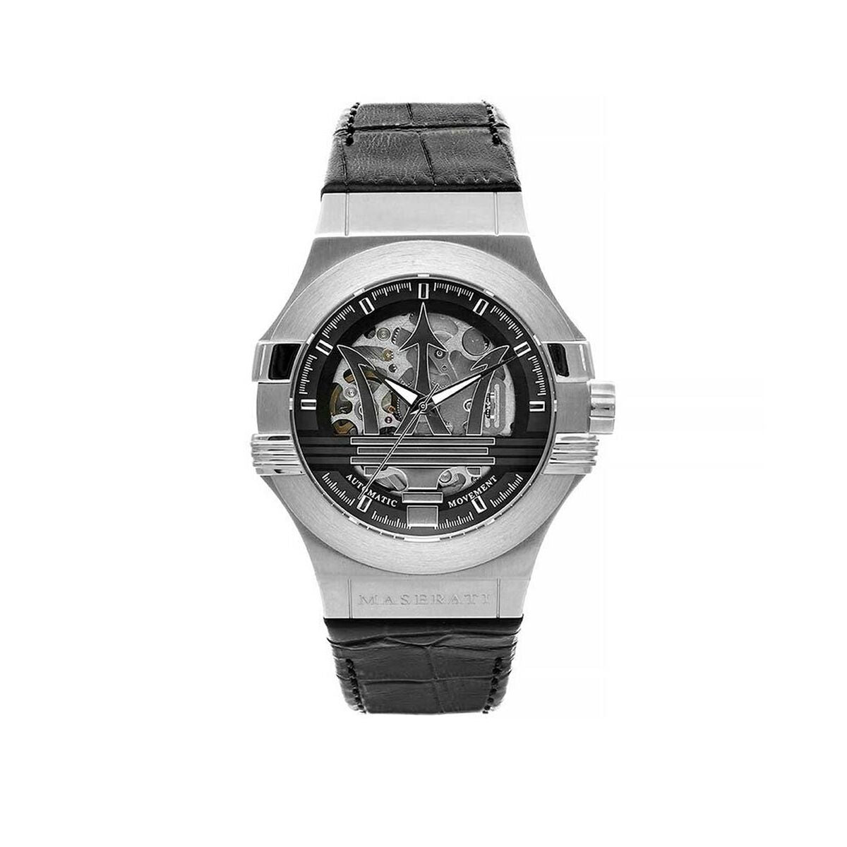 Montre homme cadran noir squelette, bracelet cuir noir, boîtier acier, couronne latérale.
