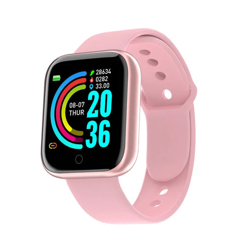 Montre connectée multifonction à bracelet rose, écran noir avec cadran coloré et 20:36.
