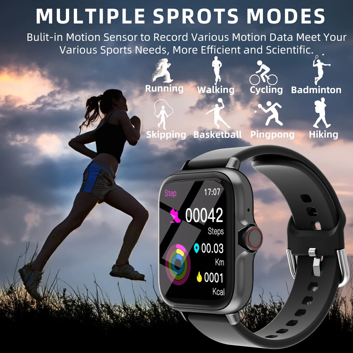 Montre connectée sport noire, bracelet noir, écran montrant modes de sport et pas