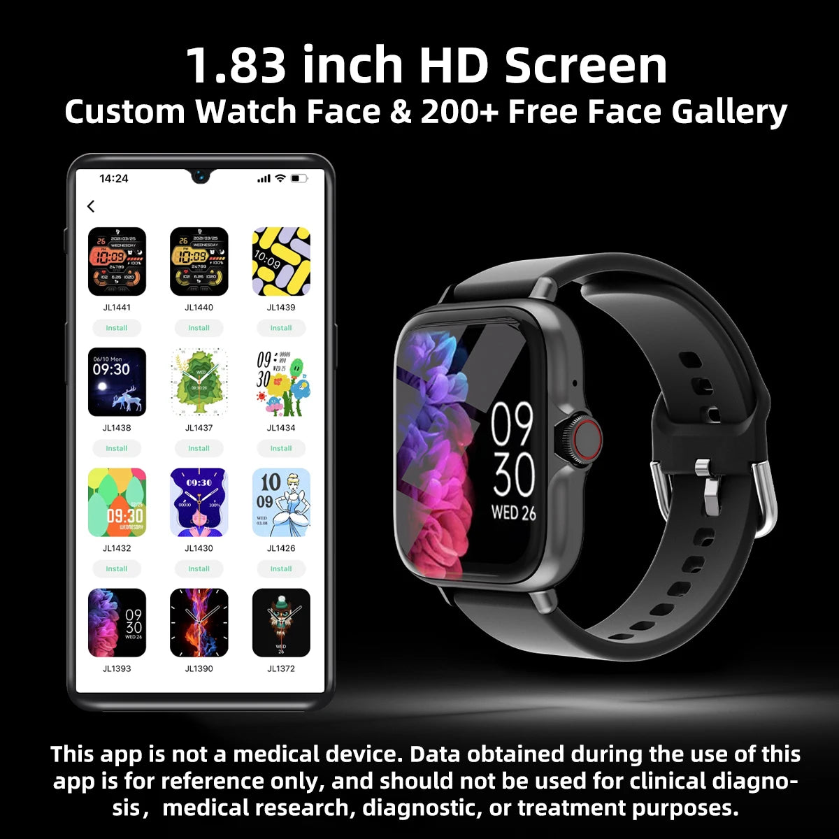 Montre connectée sport noire, écran noir, bracelet noir, interface de cadrans