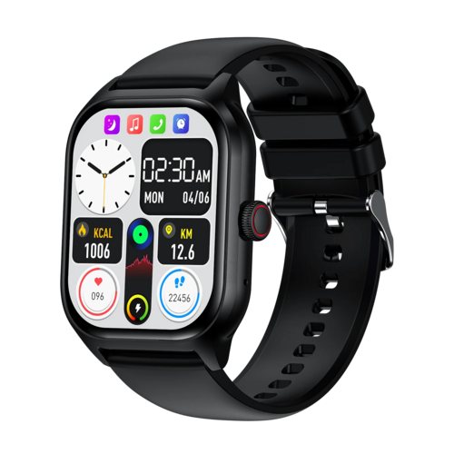 Montre connectée noire avec bracelet en silicone, écran carré affichant des données