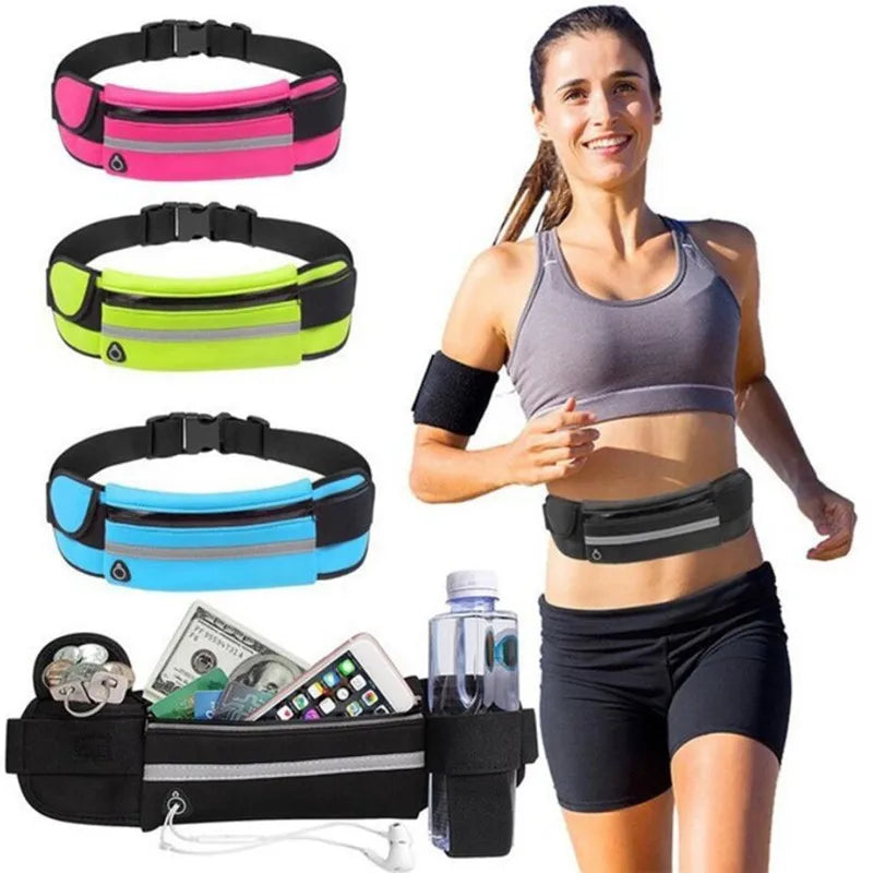 Ceinture de running multifonction avec poches, plusieurs coloris (rose, vert, bleu) et boucle.