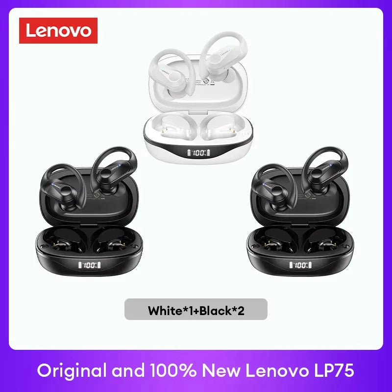 Écouteurs TWS Lenovo LP75 blanc et noir, plusieurs paires avec étuis