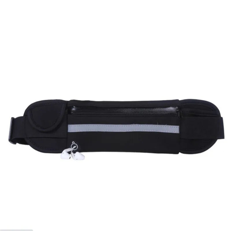 Ceinture de running noire avec poche zippée, bande réfléchissante et attache réglable.