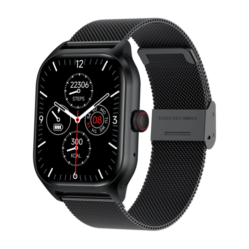 Montre connectée noire avec bracelet tressé, écran noir avec jauges et chiffres