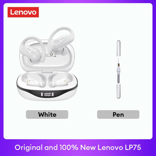 Écouteurs TWS Lenovo blancs avec boîtier de charge et stylet de nettoyage