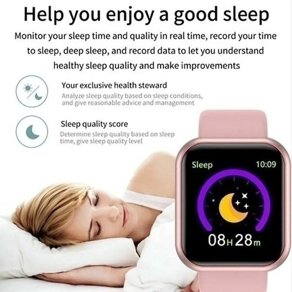 Montre connectée multifonction à bracelet rose pâle, écran noir en mode sommeil.