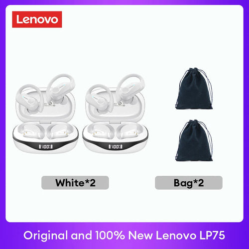 Écouteurs TWS Lenovo LP75 blancs avec boîtier et deux sacs de rangement sombres