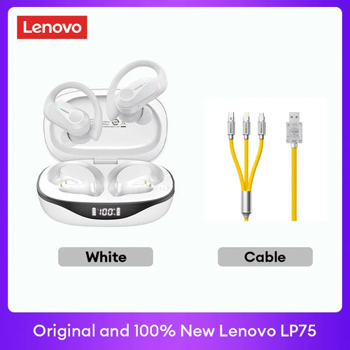 Écouteurs TWS Lenovo blancs avec boîtier de charge et câbles de connexion