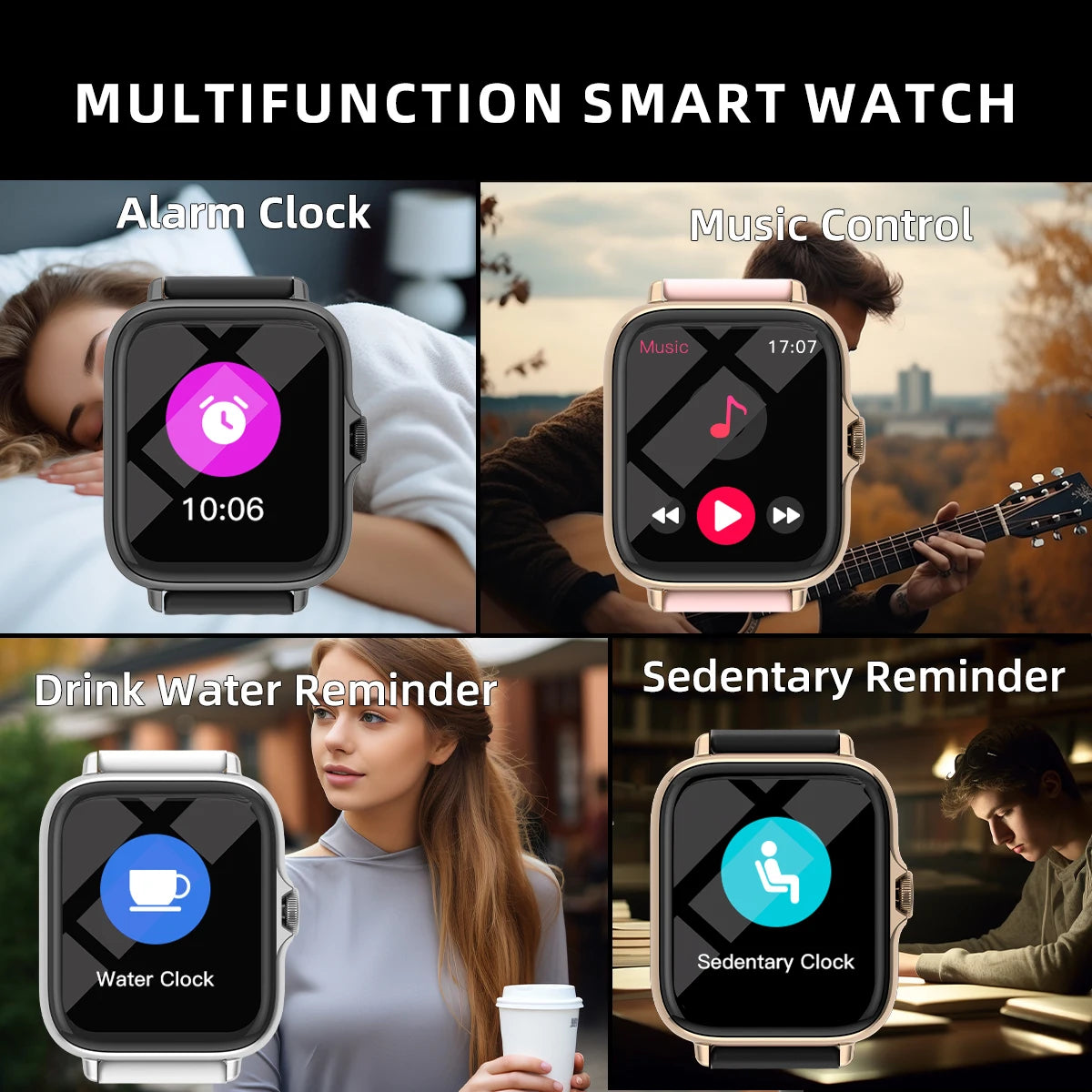 Montre connectée sport à bracelet rose, écran noir avec alarmes et contrôle musique