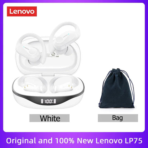 Écouteurs TWS Lenovo blancs, boîtier de charge et pochette noire