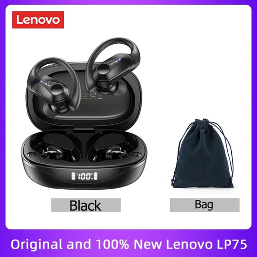 Écouteurs TWS Lenovo LP75 noirs avec étui de recharge et sac de rangement