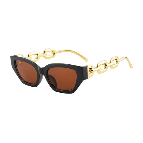 Lunettes de soleil œil-de-chat noires à verres miroir marron et chaîne dorée