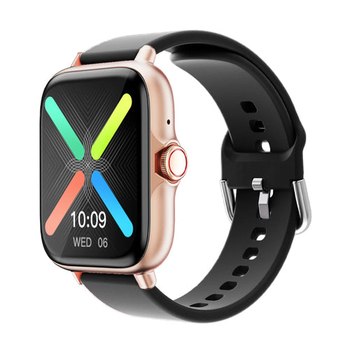 Montre connectée sport à bracelet noir, boîtier rosé, écran noir avec icônes colorées